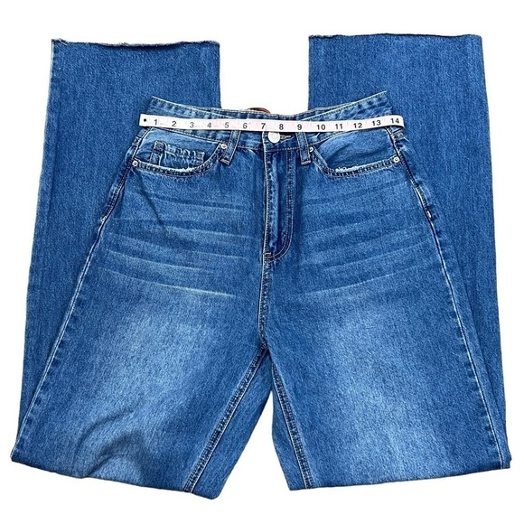 YMI DREAM Woman’s Wide Leg Medium Wash Distressed Denim Jeans w Raw Hem Size 7 - Picture 12 of 16